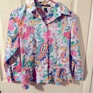 Lauren Ralph Lauren Women’s Multicolor Floral Button Down Peplum Shirt Size 2.